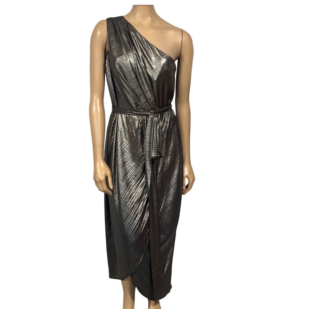 Ted Baker Gabria Gold Metallic One Shoulder Pleated Drape Midi Dress Size 5 NEW